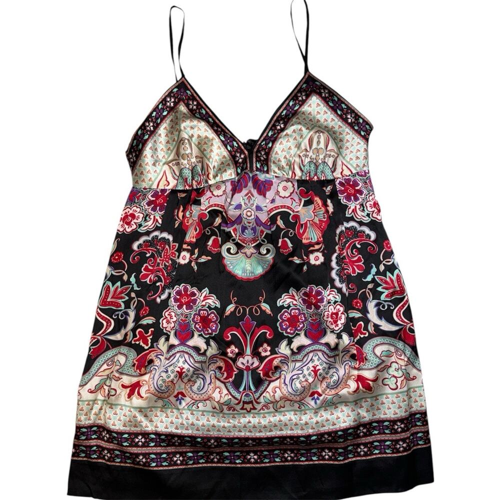 Aqua Silk Floral Y2K Slip Dress Size L Spaghetti Strap Boho Mini - Picture 4 of 7